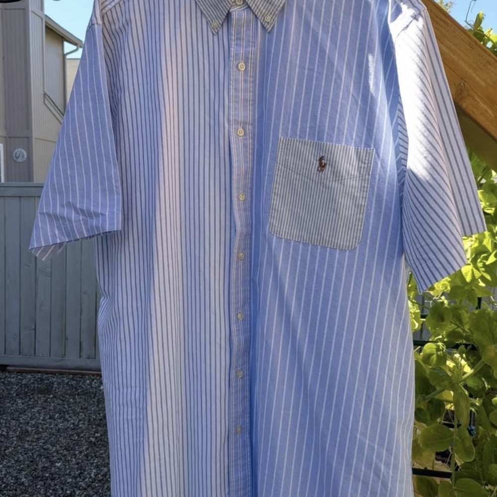 Polo Ralph Lauren Shirt 2XLT Blue White Cotton Striped Short Sleeve Button Down
